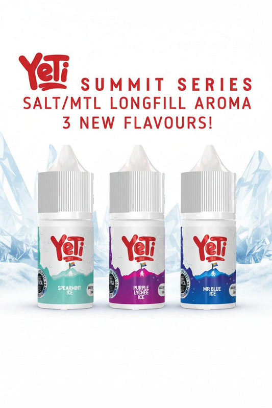 Three bottles of Yeti Summit Series Salt/MTL Longfill Aroma with colorful labels on a white background.