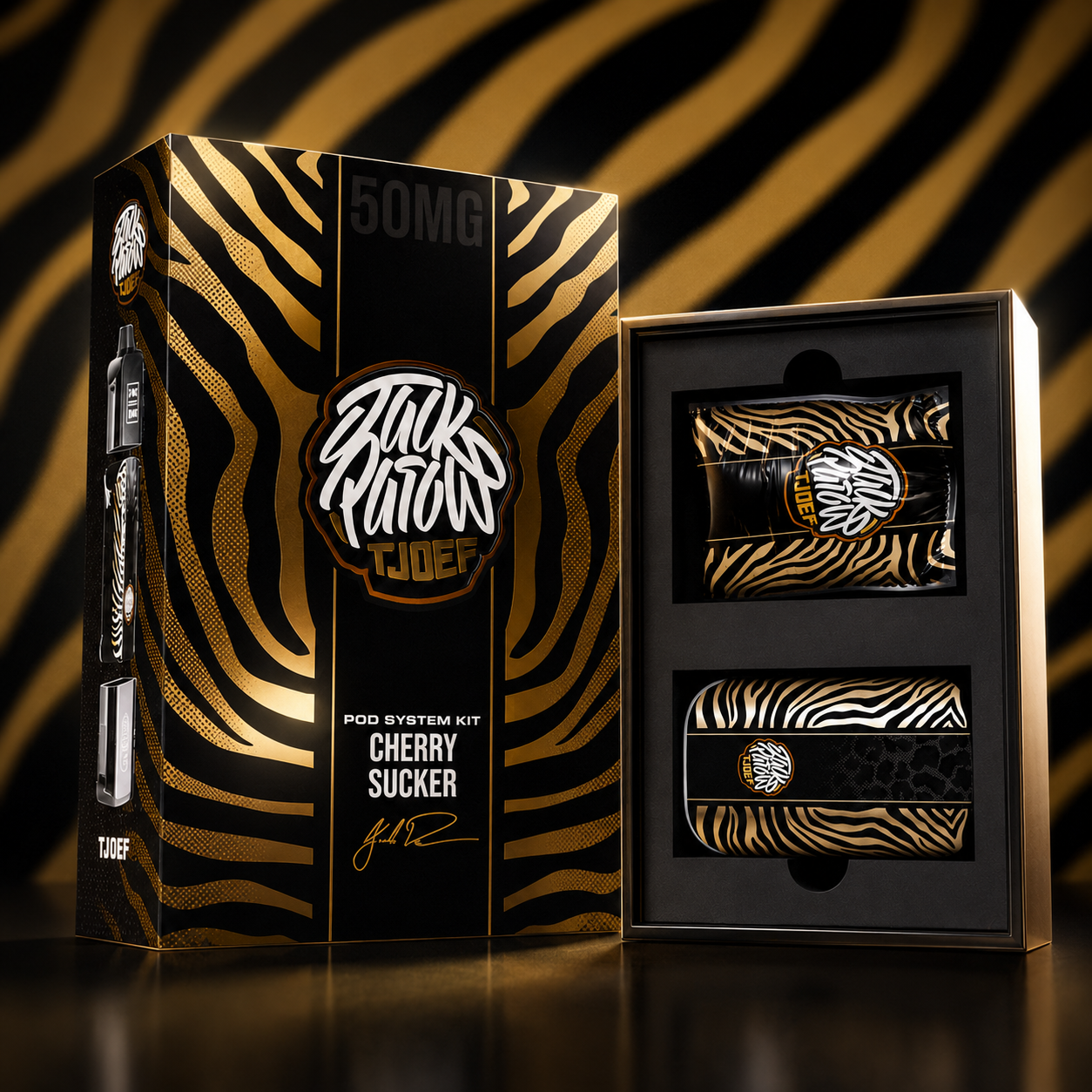 Jack Parrow JTJOEF Cherry Sucker 50MG pod system kit with black and gold zebra box and open tray