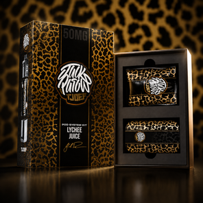 Jack Parrow JTJOEF Lychee Juice 50MG pod system kit with gold leopard box and open tray