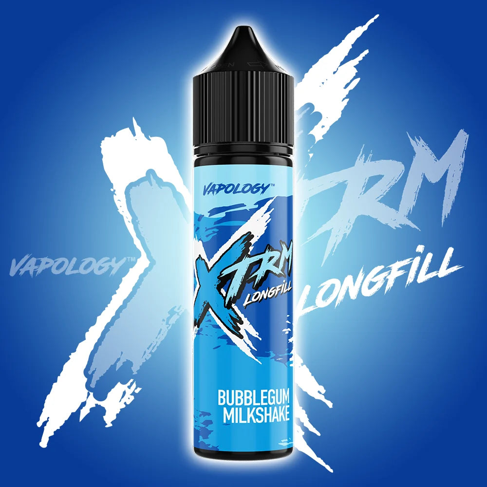A bottle of Vapology Xtreme Longfill e-liquid in the Bubblegum Milkshake flavor, set against a blue background with white graphic brushstrokes and text.