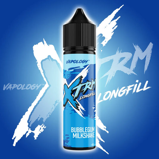 A bottle of Vapology Xtreme Longfill e-liquid in the Bubblegum Milkshake flavor, set against a blue background with white graphic brushstrokes and text.
