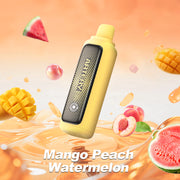 Yellow vape device with mango, peach, and watermelon on a colorful background