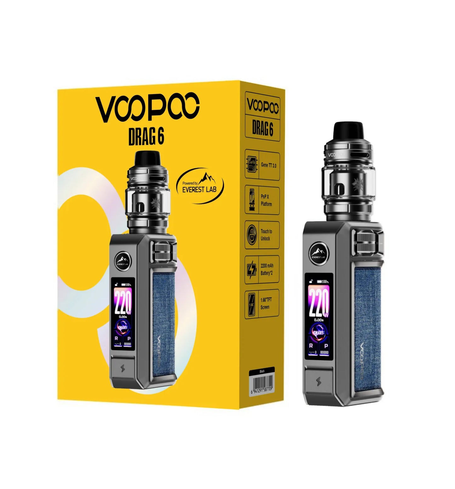 Voopoo Drag 6 vaping device and packaging on a white background