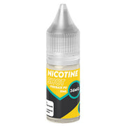 A 10ml bottle of 'Nicotine Shot' PG-free base e-liquid, 36mg strength, featuring a yellow, black, and teal label with a clear cap, on a white background.