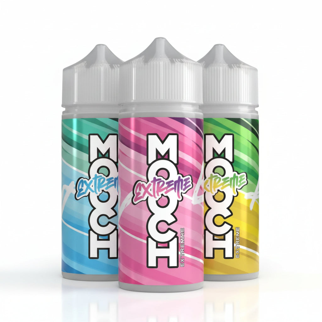 Three Mooh Dash Xtreme e-liquid bottles in green, pink, and blue flavors, arranged in a fan shape against a white background.
