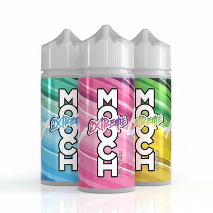 Three Mooh Dash Xtreme e-liquid bottles in green, pink, and blue flavors, arranged in a fan shape against a white background.
