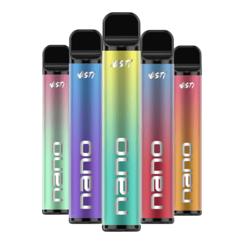 Five colorful Vaptio nano vape devices on a white background