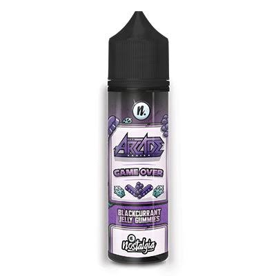 A bottle of Nostalgic x Arc'd Game Over Blackcurrant Jelly Gummies e-liquid, featuring a black cap and a purple and white label with graphic designs.
