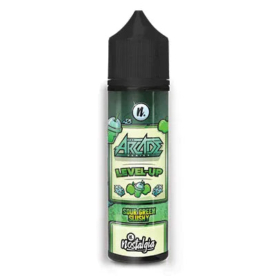 Arcade Level-Up Sour Green Slush vape juice bottle on a white background