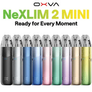 A row of OXVA NeXLIM 2 MINI vape devices in multiple colors, including black, silver, blue, pink, green, purple, gold, and olive green, displayed against a white background with promotional text.