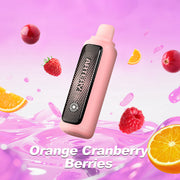 A pink vape device with a black textured panel displaying the brand name 'ANTIFX' is shown against a pink background with floating orange slices, cranberries, and raspberries. The text 'Orange Cranberry Berries' is written at the bottom.