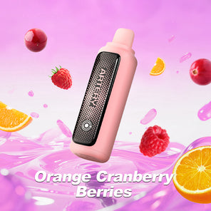 A pink vape device with a black textured panel displaying the brand name 'ANTIFX' is shown against a pink background with floating orange slices, cranberries, and raspberries. The text 'Orange Cranberry Berries' is written at the bottom.