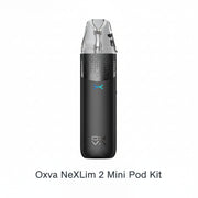 A sleek black vape device with a clear mouthpiece and a small blue logo, shown against a plain white background.