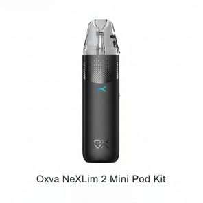 A sleek black vape device with a clear mouthpiece and a small blue logo, shown against a plain white background.