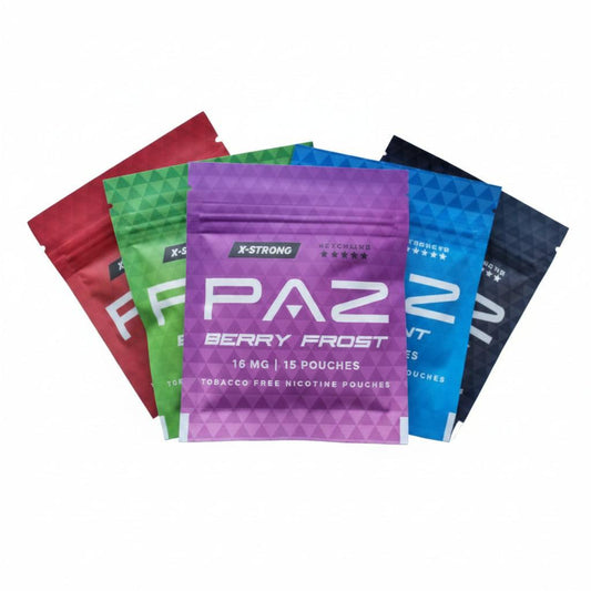 Five small PAZ berry facial packs in different colors (red, green, purple, blue, and dark gray) fanned out on a white background.