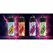 Four Polar Booz vape juice bottles arranged in a 2x2 grid, each with a different flavor label (Mango Loco, Summer Spark, Purple Punch, Tropical Punch) against a dark background with pink and purple lightning effects.