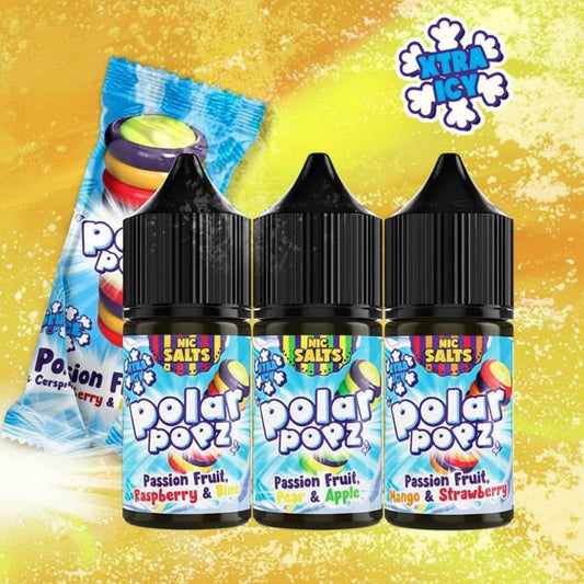 Three bottles of Polar Popz e-liquid in the Extra Ice flavor, alongside a blue and white candy-themed pouch, set against a bright yellow and orange textured background.
