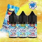 Three bottles of Polar Popz e-liquid in the Extra Ice flavor, alongside a blue and white candy-themed pouch, set against a bright yellow and orange textured background.