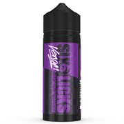 Black and purple vape juice bottle with 'Six Licks' branding on a white background