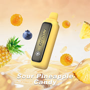 A yellow ARTEEN disposable vape device with a black textured panel displaying the brand name, surrounded by floating pineapple slices, blueberries, and syrup splashes with the text 'Sour Pineapple Candy' on a warm beige background.