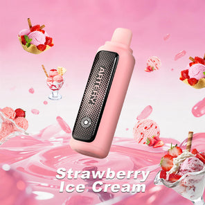 A pink ARTEEN vape device with a black textured panel displaying the brand name, set against a pink background with floating strawberry ice cream desserts and the text 'Strawberry Ice Cream'.