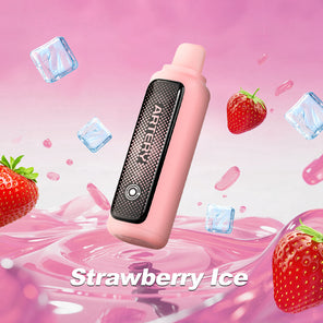 A pink disposable vape device with a black textured panel displaying the brand name 'ANTIFLY' vertically. The background is a vibrant pink with liquid swirls, floating ice cubes, and fresh strawberries, with the text 'Strawberry Ice' at the bottom.