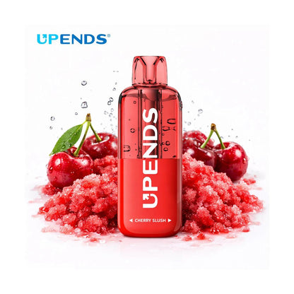 Red bottle of UPENDS Cherry Slush with cherries and crushed ice on a white background