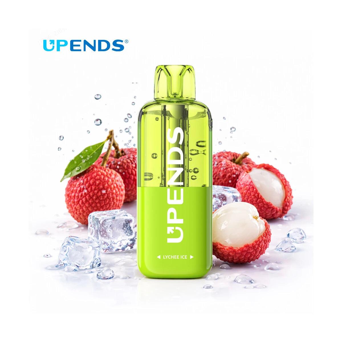 Green bottle labeled 'UPEENDS' with lychees and ice cubes on a white background