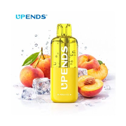 Yellow bottle labeled 'UPEENDS' with peaches and ice on a white background