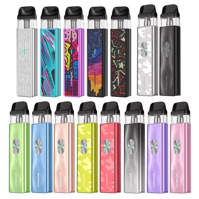 Assorted colorful vape devices on a white background Vaporesso XROS 4 Mini
