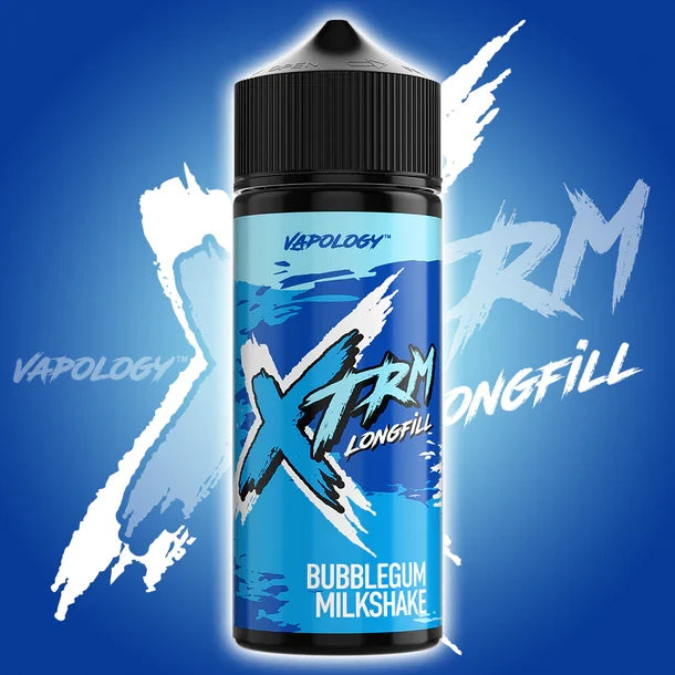 Vapology XTRM Longfill Bubblegum Milkshake vape juice bottle on a blue background