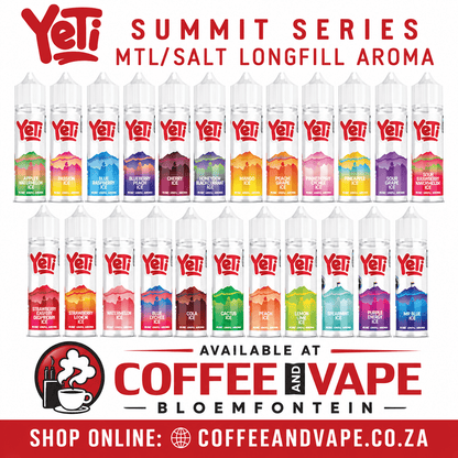 A promotional grid showing 24 Yeti Summit Series MTL/Salt Longfill Aroma e-liquid bottles arranged in four rows, each bottle displaying a different colorful flavor label. The top features the red 'Yeti' logo and 'SUMMIT SERIES MTL/SALT LONGFILL AROMA' text, while the bottom includes 'AVAILABLE AT COFFEE AND VAPE BLOEMFONTEIN' and 'SHOP ONLINE: COFFEEANDVAPE.
