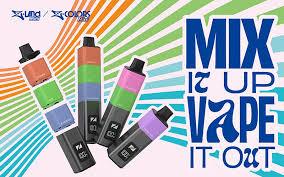 Promotional graphic for 'Mix It Up Vape It Out' with colorful vape devices and abstract design.