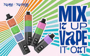 Promotional graphic for 'Mix It Up Vape It Out' with colorful vape devices and abstract design.
