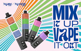 Promotional graphic for 'Mix It Up Vape It Out' with colorful vape devices and abstract design.