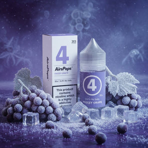 Airspops Frezy Grape vape juice bottle and packaging on a white background