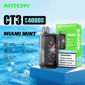 ARTERY CT3 Miami Mint disposable vape device and its green retail box displayed on a blue pedestal against a water-themed background, with product features and text callouts.