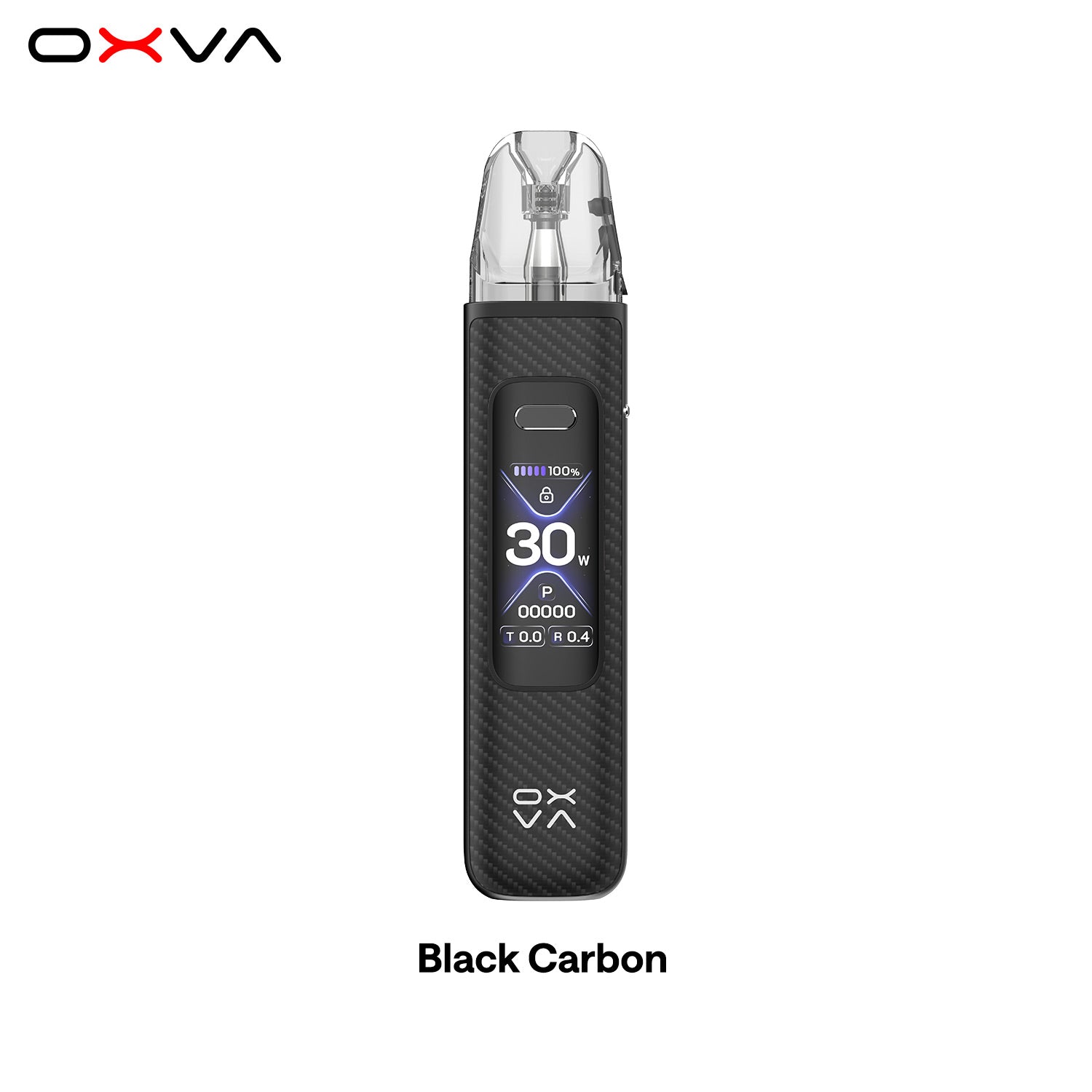 OXVA vaping device in black carbon finish on a white background