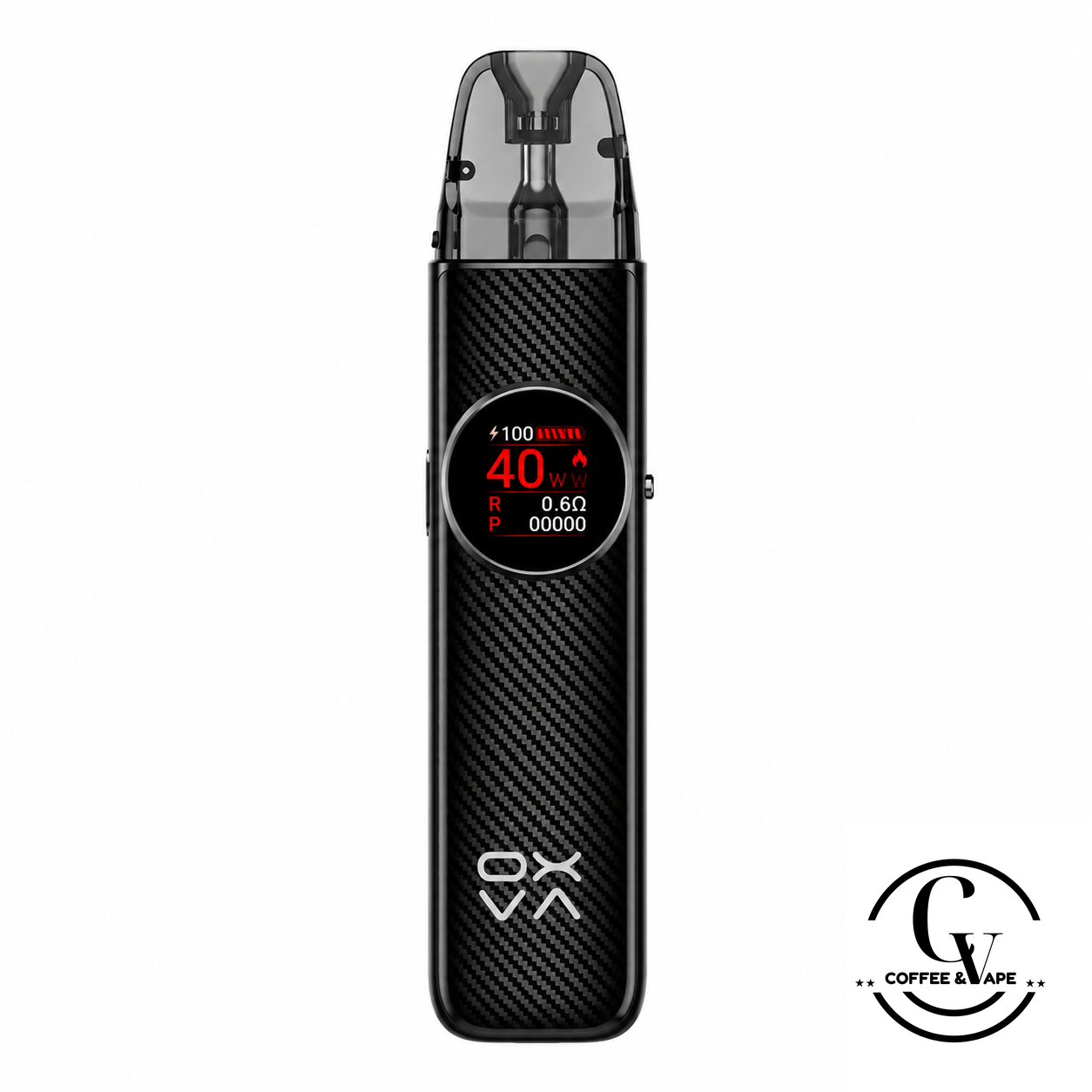 A black carbon-fiber-textured vape device with a circular digital display showing red text and a clear mouthpiece, centered on a white background with a 'GV Coffee & Vape' logo in the bottom right corner.