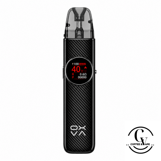 A black carbon-fiber-textured vape device with a circular digital display showing red text and a clear mouthpiece, centered on a white background with a 'GV Coffee & Vape' logo in the bottom right corner.