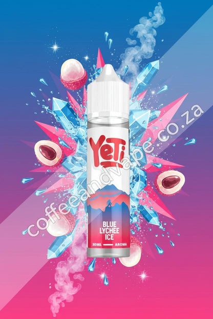Yeti Blue Lychee Ice vape juice bottle on a white background