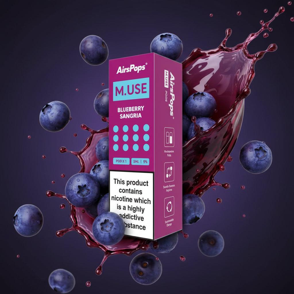 AirPops MUSE Blueberry Sangria vape juice packaging on a white background