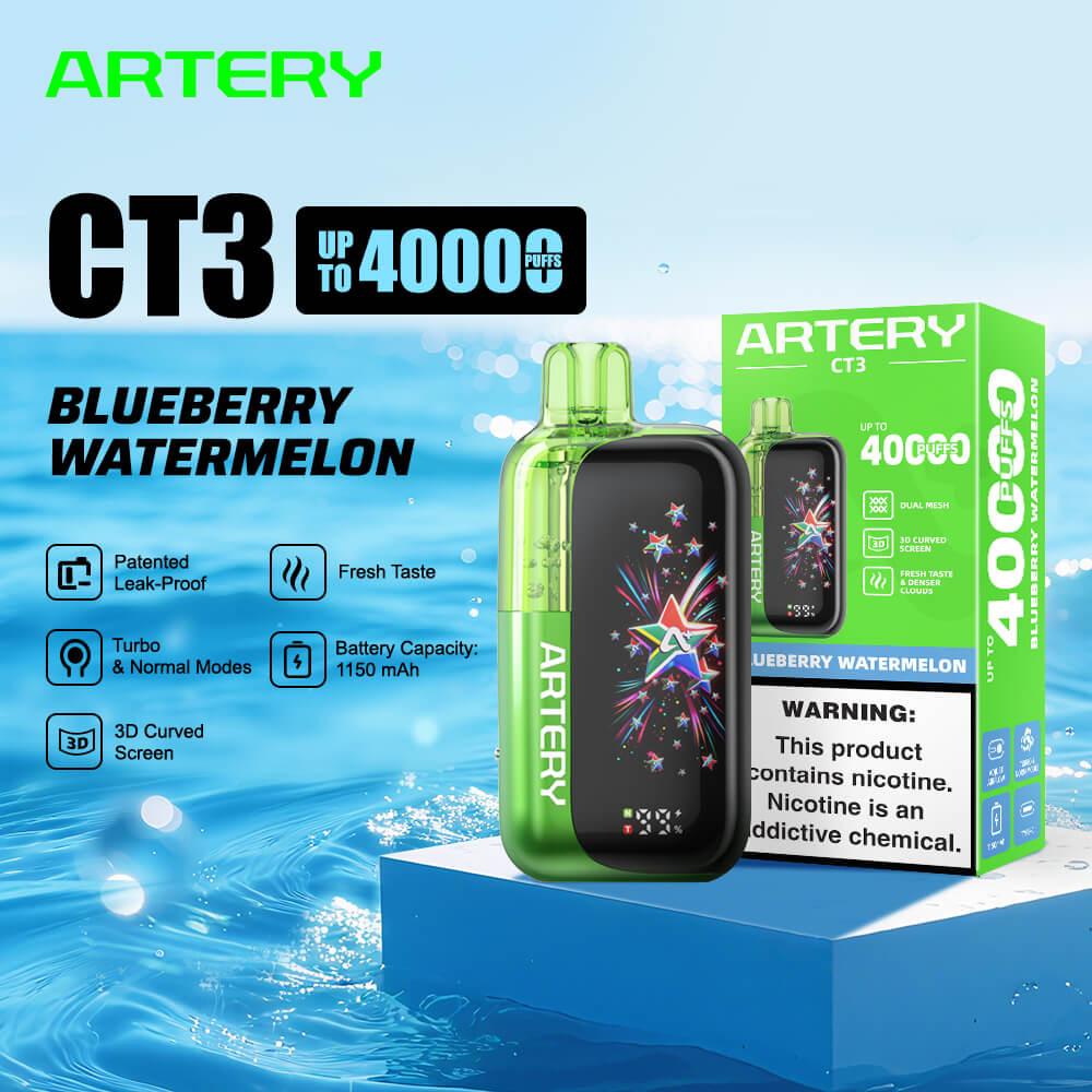 ARTERY CT3 Blueberry Watermelon disposable vape device and its packaging box, displayed on a blue pedestal against a water splash background with product feature icons and text.