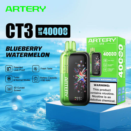 ARTERY CT3 Blueberry Watermelon disposable vape device and its packaging box, displayed on a blue pedestal against a water splash background with product feature icons and text.