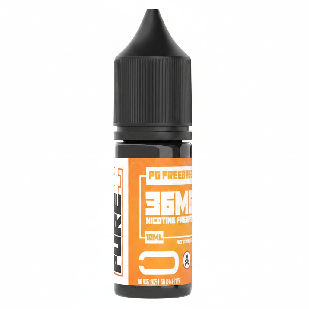 A 10ml black plastic bottle of PG Free 36mg Nicotine Power e-liquid, featuring a prominent orange and white label with a large number 3.
