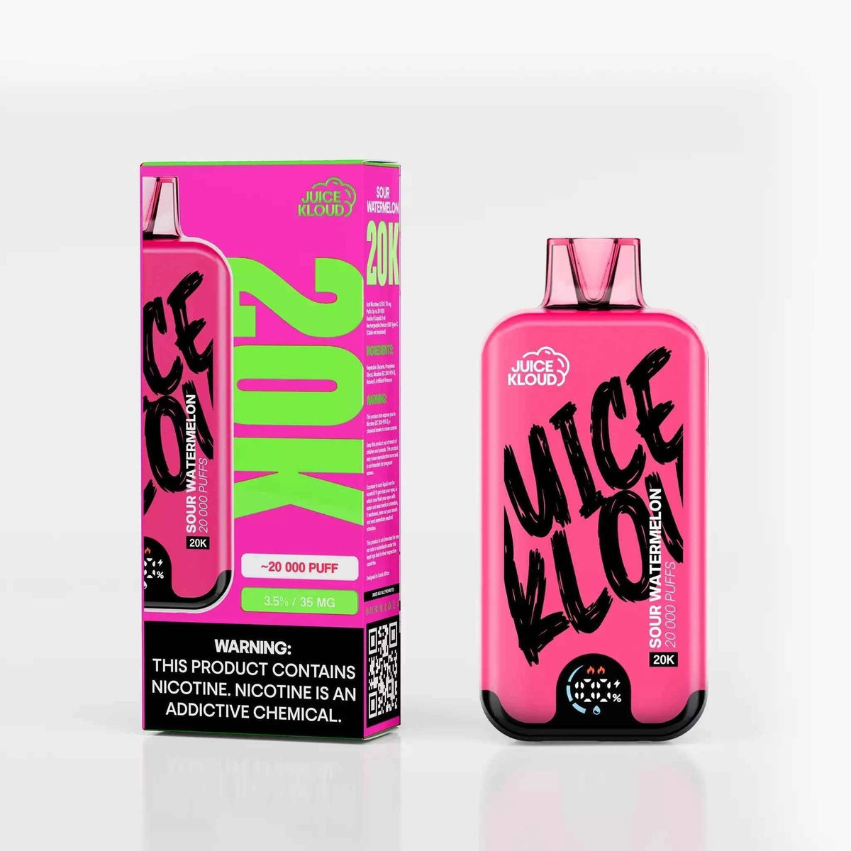 E-XHALE Juice Kloud 20K Sour Watermelon rechargeable disposable vape, 3.5% nicotine, pink device and packaging