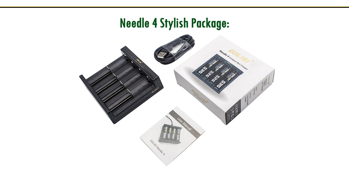 Golisi Needle 4 charger packaging with USB cable and user manual