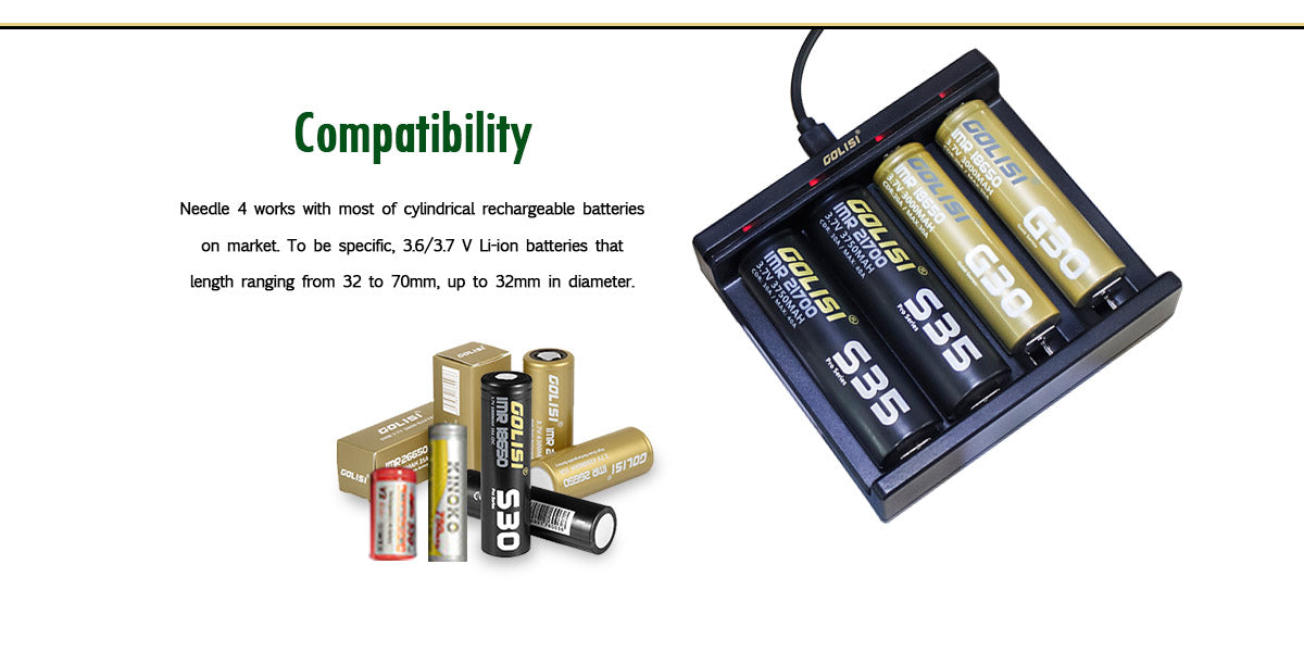 Golisi Needle 4 charger with supported lithium-ion batteries including 18650 and 21700