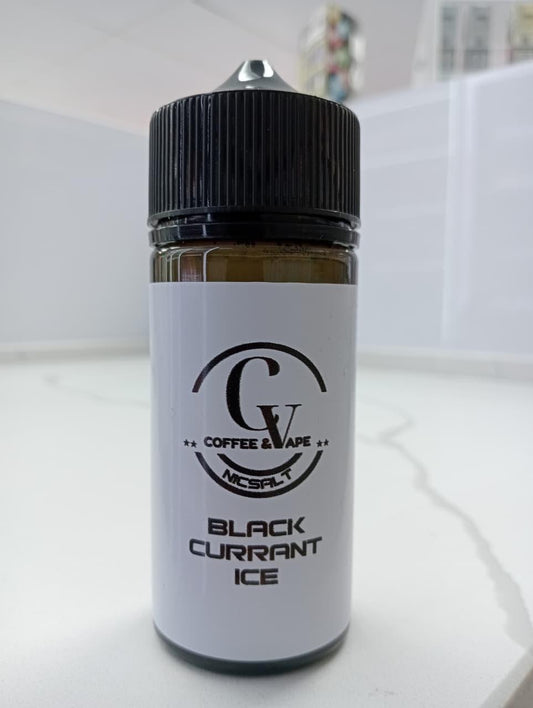 Vape juice bottle labeled 'Black Currant Ice' by Coffee & Vape on a white surface.