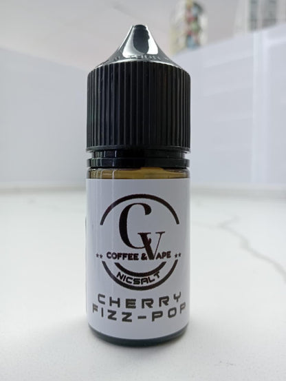 Vape juice bottle labeled 'Cherry Fizz Pop' by Coffee Vape on a white background